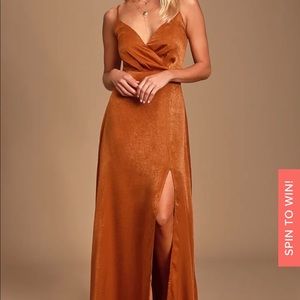 Lulus Constantine Rust Orange Satin Maxi Dress